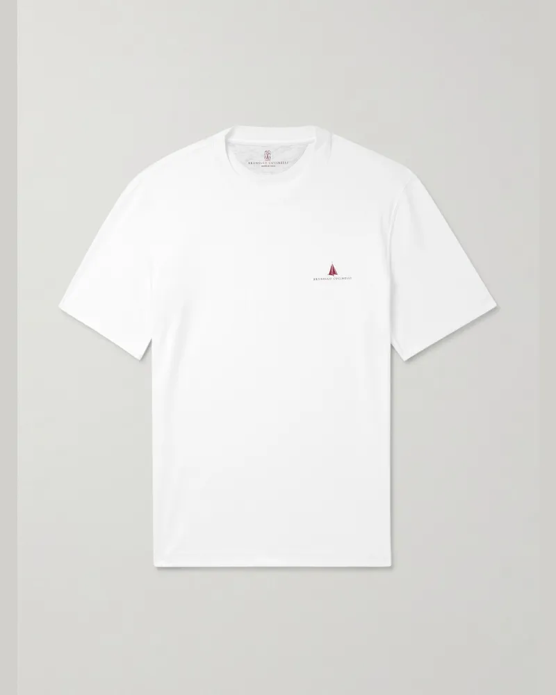 Brunello Cucinelli Schmal geschnittenes T-Shirt aus Baumwoll-Jersey mit Logoprint Weiß