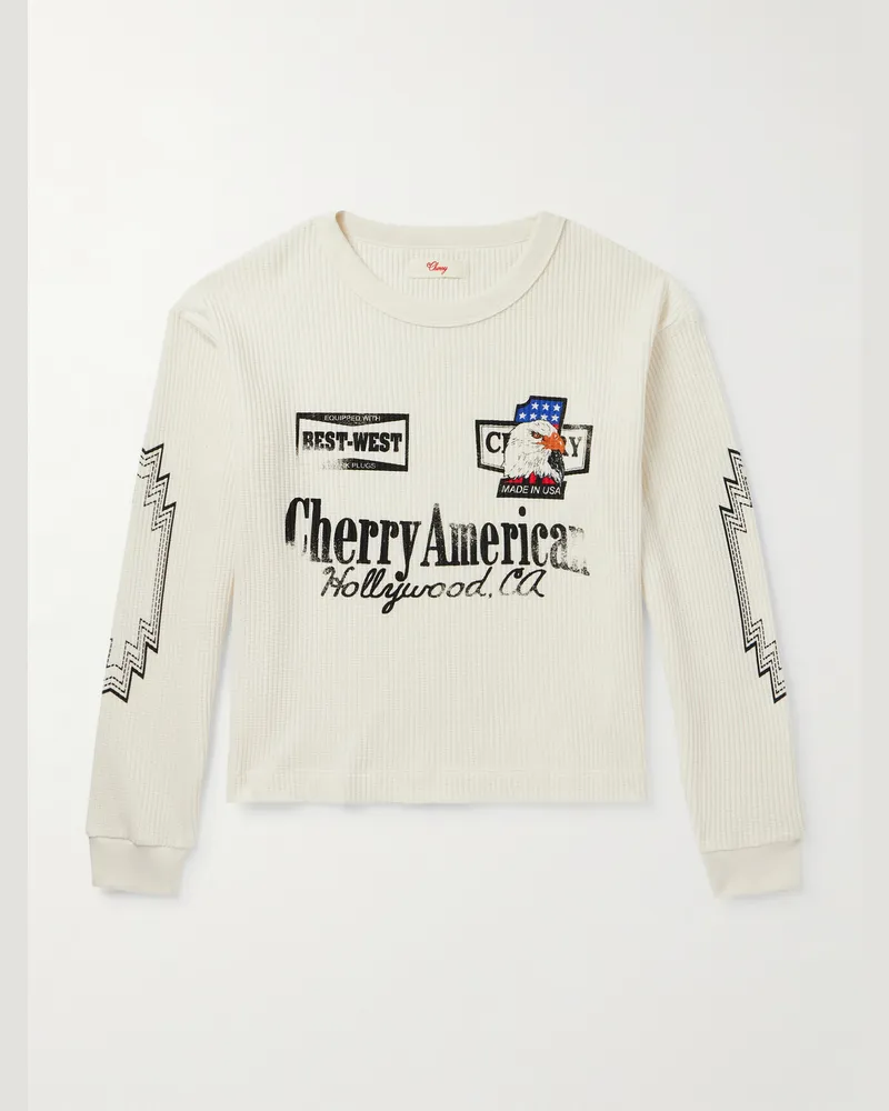 Cherry Los Angeles Best West Thermal Cropped Waffle-Knit Cotton-Blend T-Shirt White