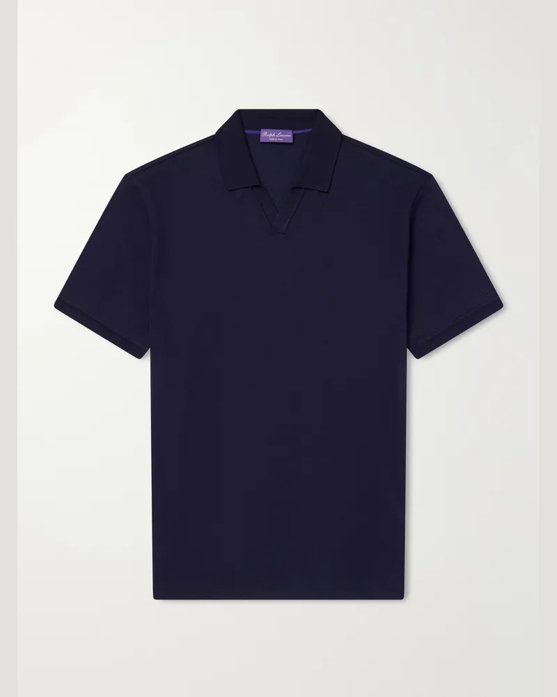 Ralph Lauren Johnny-Collar Cotton and Cashmere-Blend Piqué Polo Shirt Blue