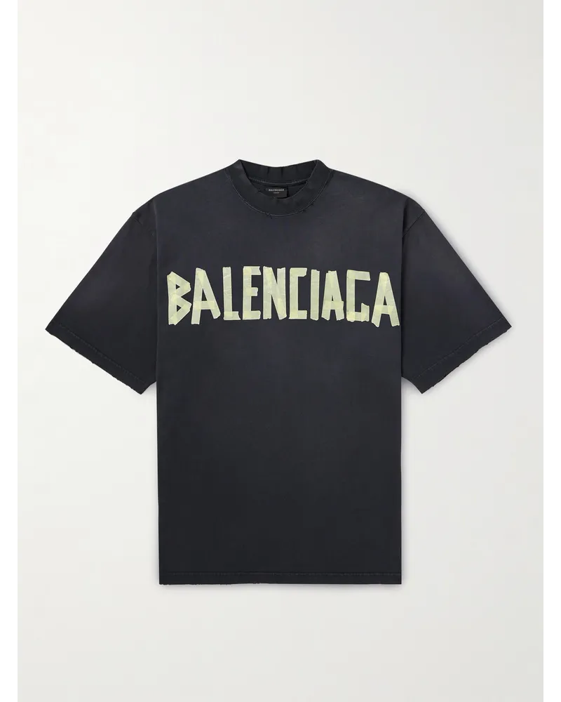 Balenciaga Oversized-T-Shirt aus Baumwoll-Jersey mit Logoprint in Distressed-Optik Schwarz