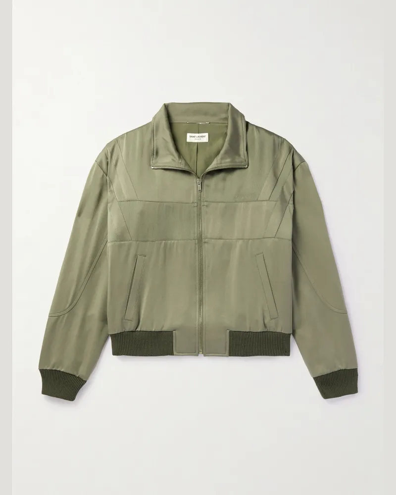 Saint Laurent Bomberjacke aus Satin mit Wollbesatz und Logostickerei Grün