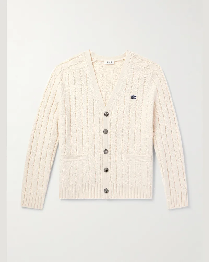 Celine Schmal geschnittener Zopfstrick-Cardigan aus Kaschmir mit Logostickerei und Velourslederbesatz Neutral