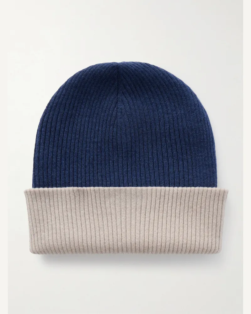 Brunello Cucinelli Wendbare Beanie aus Kaschmir in Rippstrick Blau