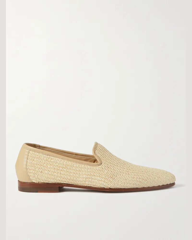 Manolo Blahnik Mario Leather-Trimmed Raffia Loafers Neutrals