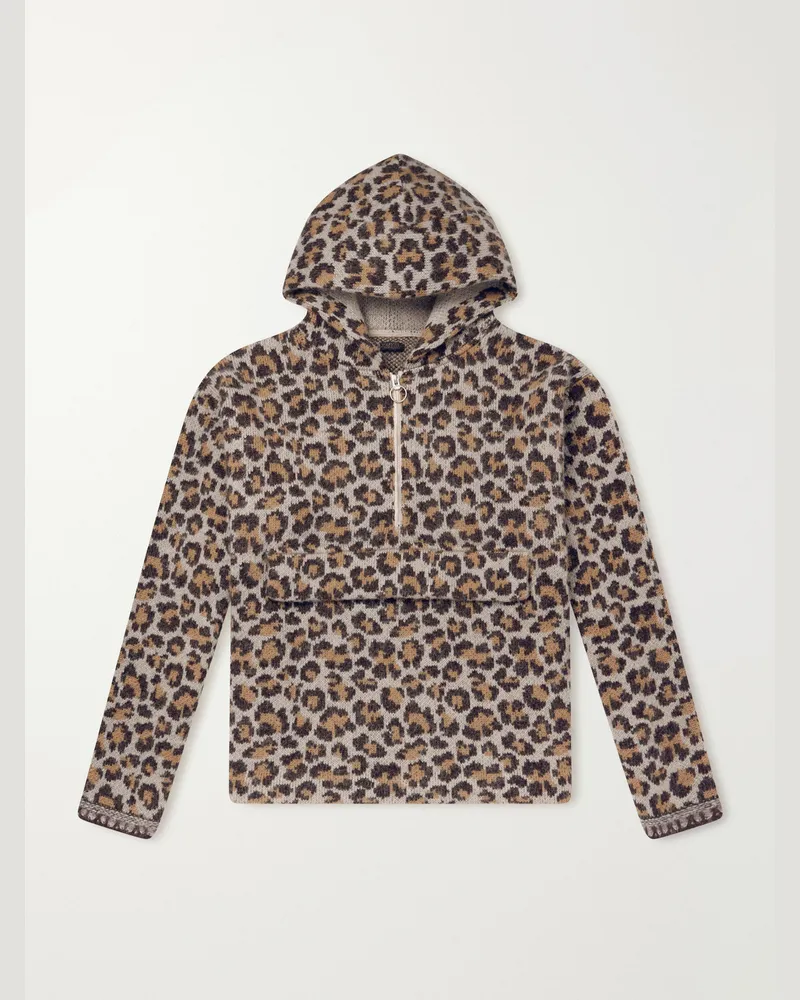 KAPITAL Hooded Leopard-Jacquard Half-Zip Sweater Neutrals
