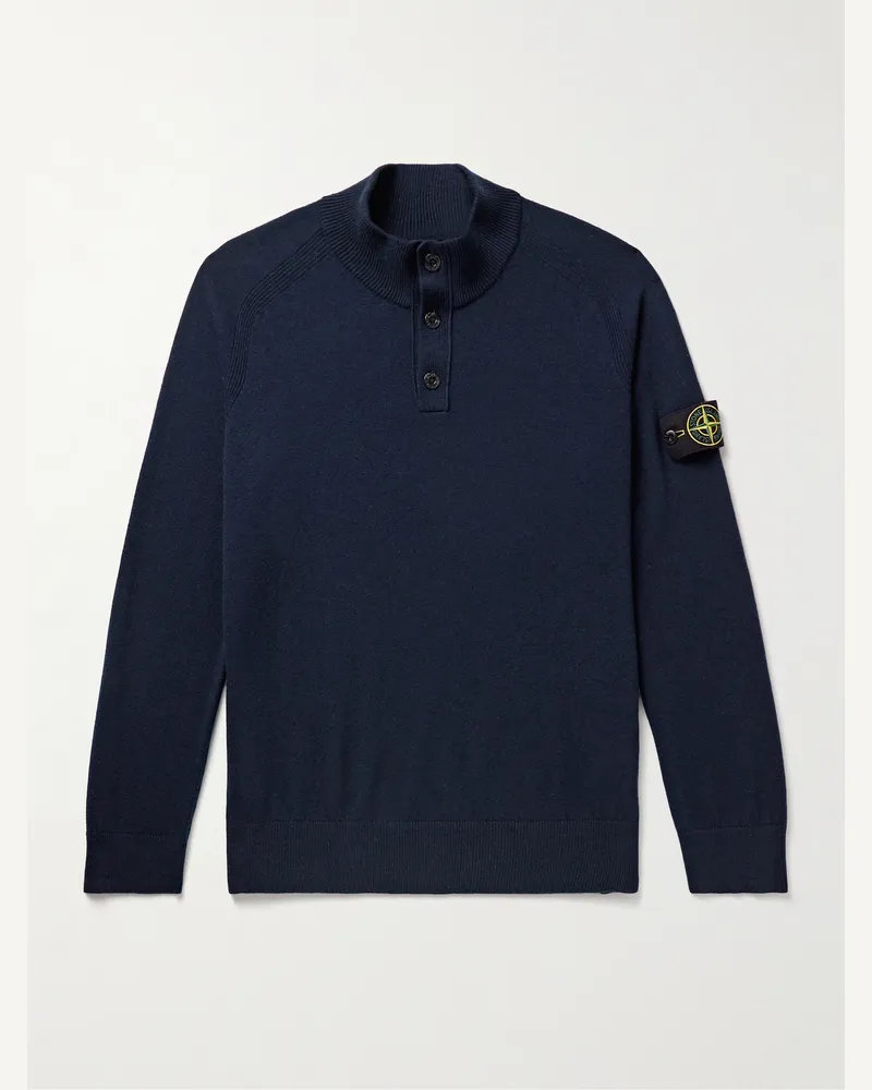 Stone Island Pullover aus Schurwolle mit kurzer Knopfleiste und Logodetail Blau