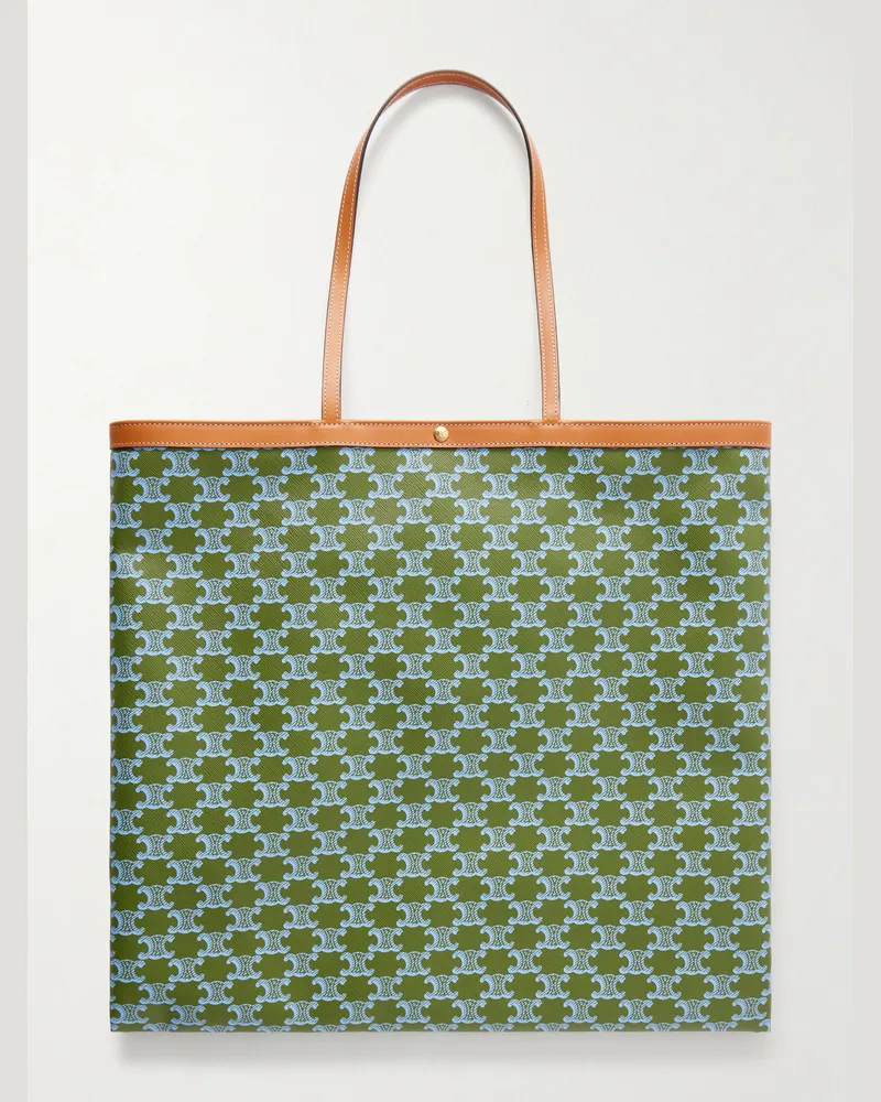 Celine Triomphe Large Leather-Trimmed Printed Canvas Tote Bag Green