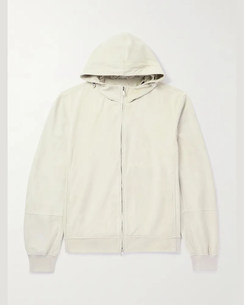 Brunello Cucinelli Bomberjacke aus Veloursleder mit Kapuze Neutral