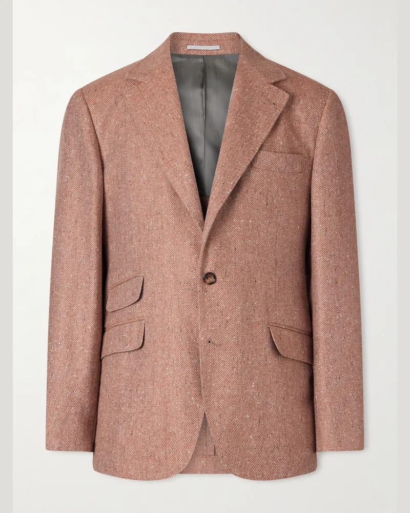 Brunello Cucinelli Herringbone Wool and Cashmere-Blend Blazer Neutrals