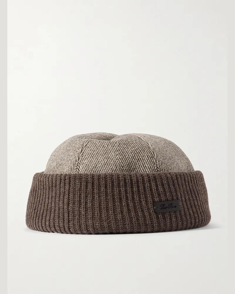 Loro Piana Logo-Appliquéd Herringbone Cotton-Blend and Ribbed-Knit Beanie Brown