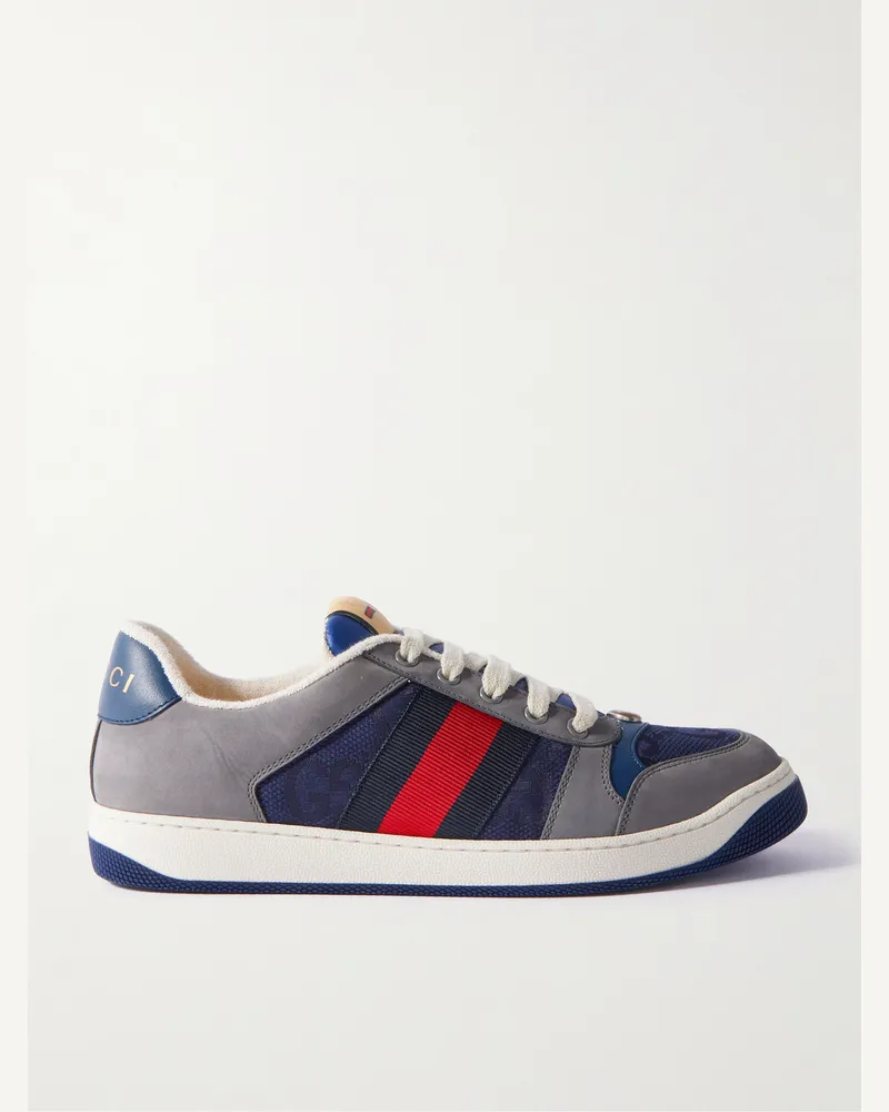 Gucci Screener Monogrammed Canvas and Webbing-Trimmed Suede and Leather Sneakers Blue