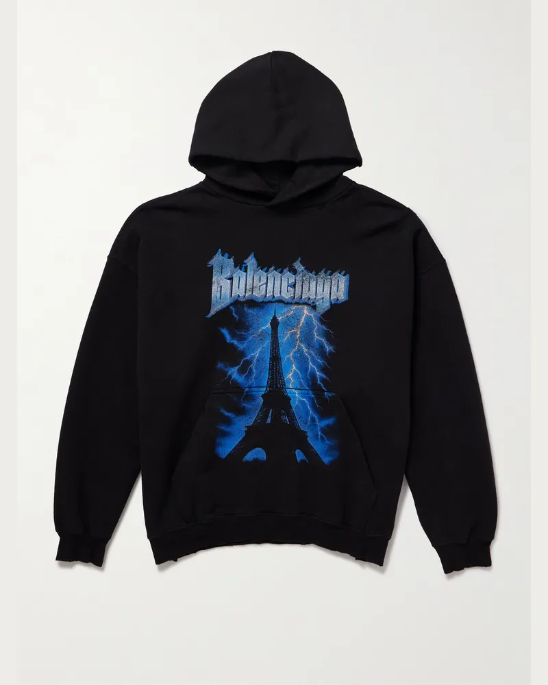Balenciaga Paris Thunderstorm Hoodie aus Baumwoll-Jersey mit Logoprint in Distressed-Optik Schwarz