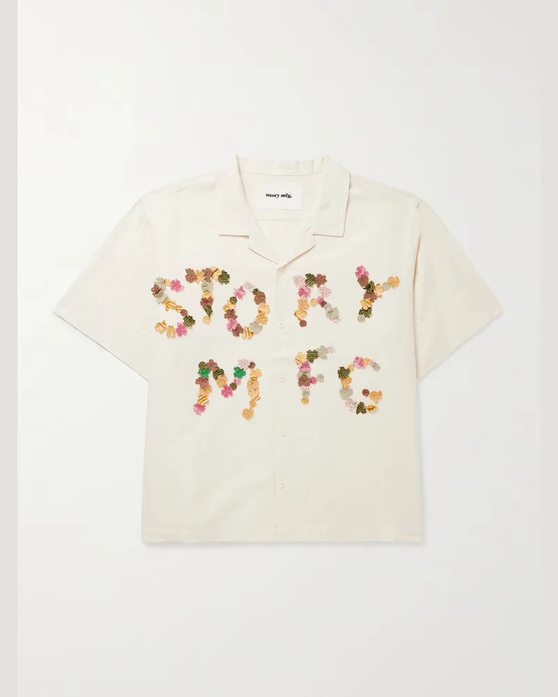 STORY mfg. Greetings Camp-Collar Logo-Appliquéd Cotton and Linen-Blend Shirt Neutrals