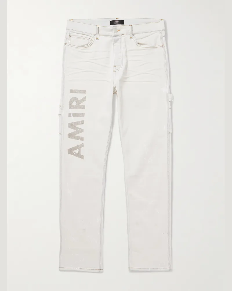 Amiri Slim-Fit Straight-Leg Logo-Print Paint-Splattered Jeans Blue