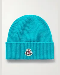 Moncler Beanie in Rippstrick aus einer Schurwoll-Kaschmirmischung mit Applikation Blau