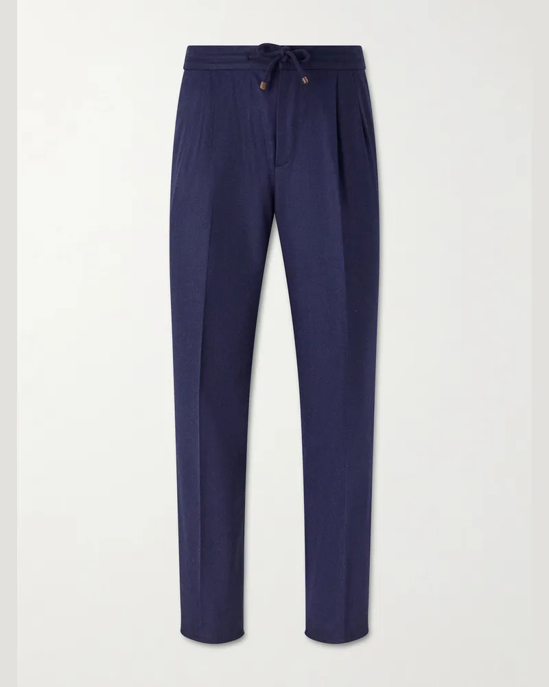 Brunello Cucinelli Tapered Pleated Virgin Wool-Flannel Drawstring Trousers Blue