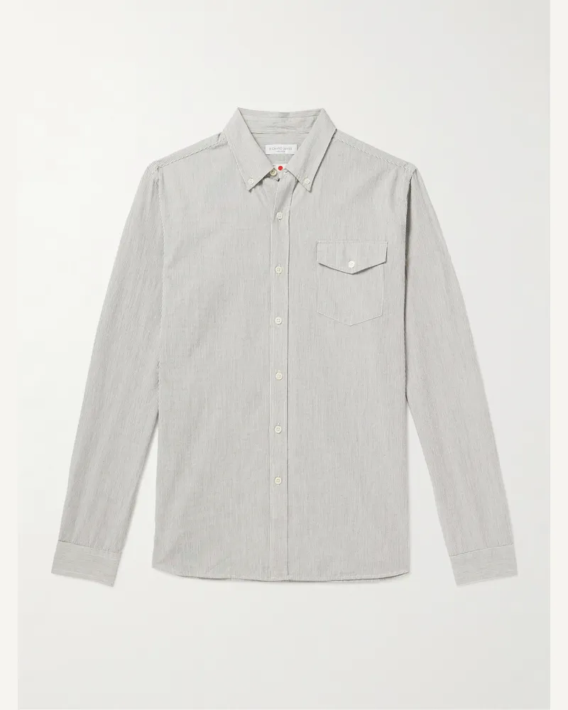 Richard James Gestreiftes Hemd aus einer Mischung aus Baumwolle, Leinen und Ramie mit Button-Down-Kragen Grau