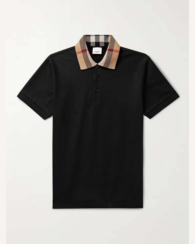 Burberry Polohemd aus Baumwoll-Piqué mit kariertem Kragen Schwarz