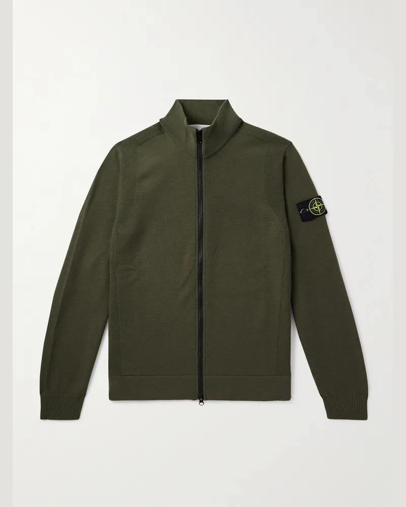 Stone Island Cardigan aus einer Wollmischung mit Reißverschluss und Logodetail Grün