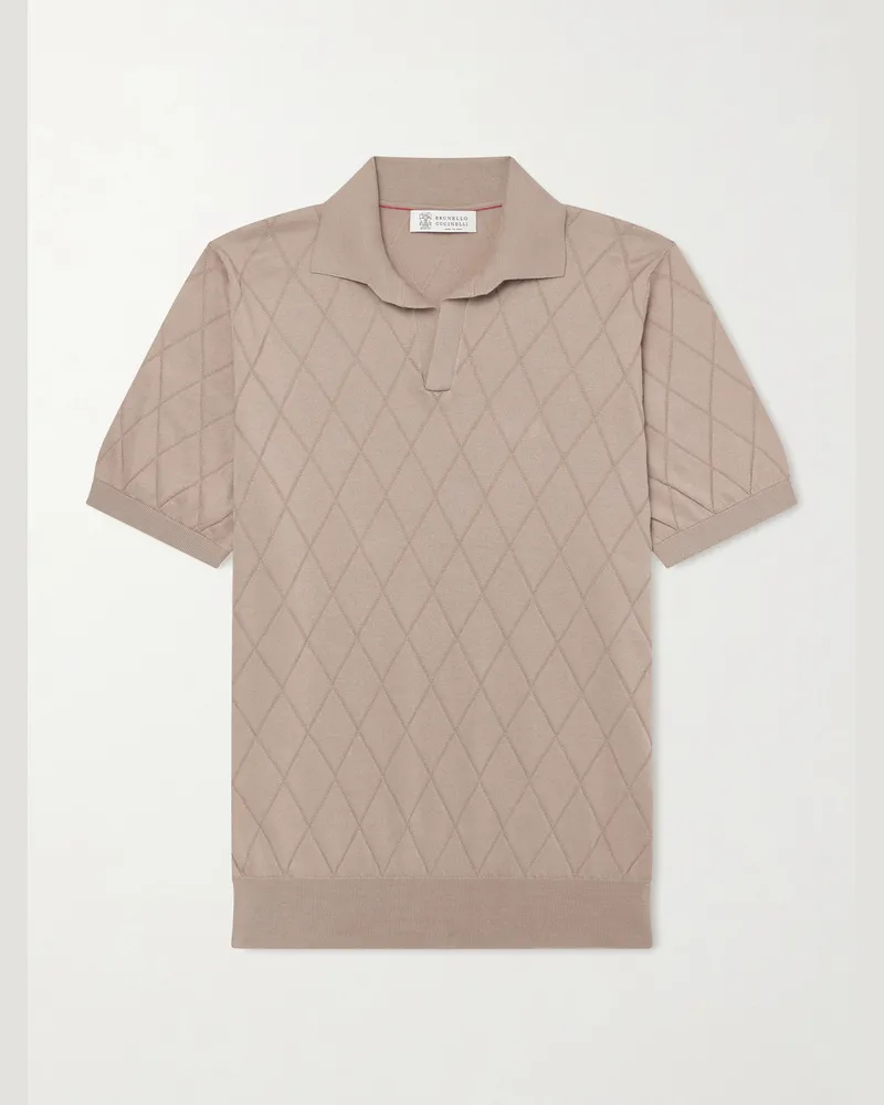 Brunello Cucinelli Open-Collar Knitted Cotton Polo Shirt Brown