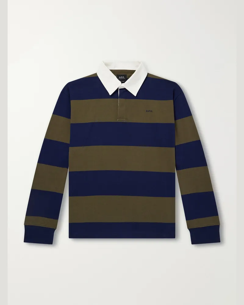 A.P.C. Isaac Logo-Embroidered Striped Cotton Polo Shirt Blue