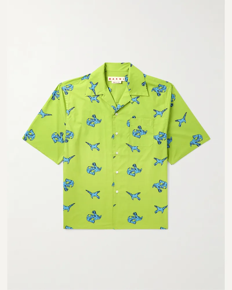 Marni Convertible-Collar Printed Cotton Shirt Green