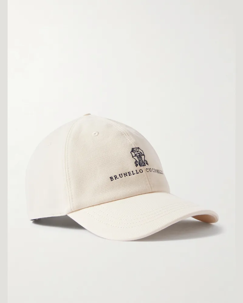 Brunello Cucinelli Baseballkappe aus Baumwoll-Twill mit Logostickerei und Lederbesatz Weiß