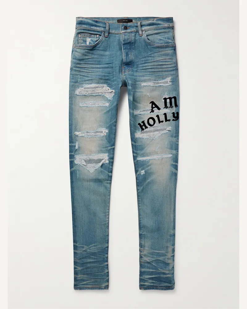 Amiri Hollywood Skinny Jeans mit Logoflockdruck in Distressed-Optik Blau