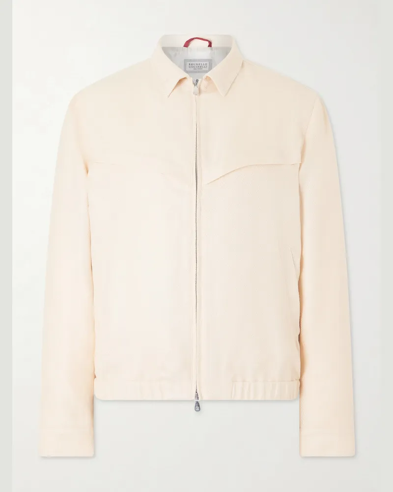 Brunello Cucinelli Herringbone Wool, Silk and Linen-Blend Blouson Jacket Neutrals