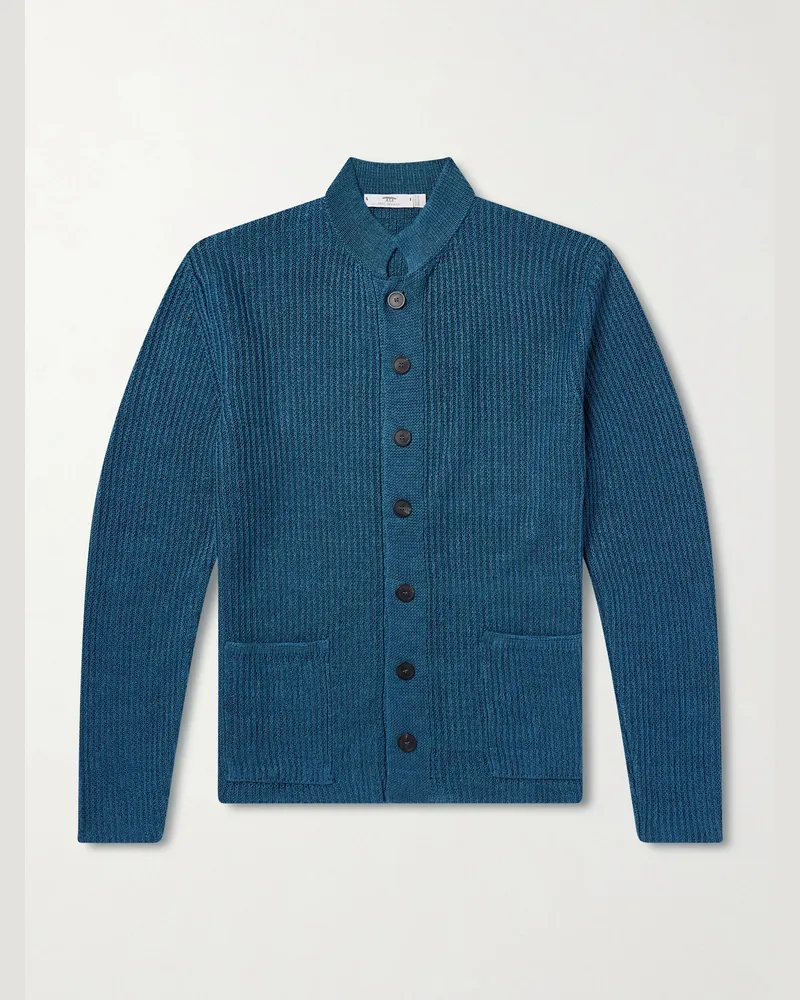 Inis Meáin Lightkeeper Cardigan aus Leinen in Rippstrick Blau