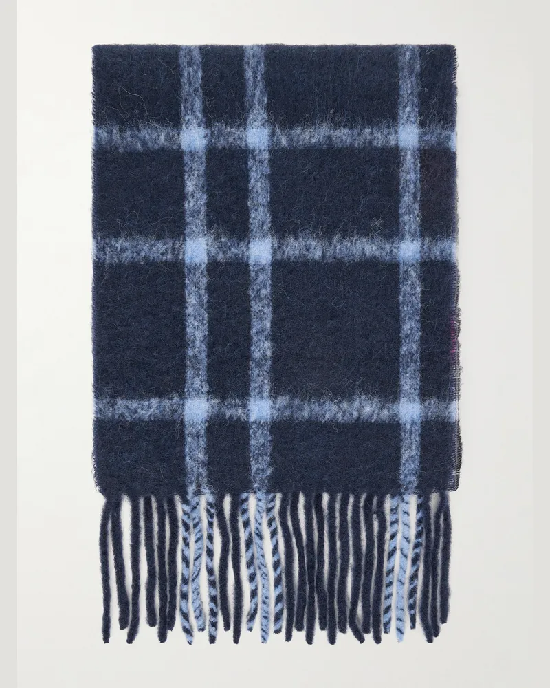 The Elder Statesman Fringed Checked Alpaca-Blend Scarf Blue
