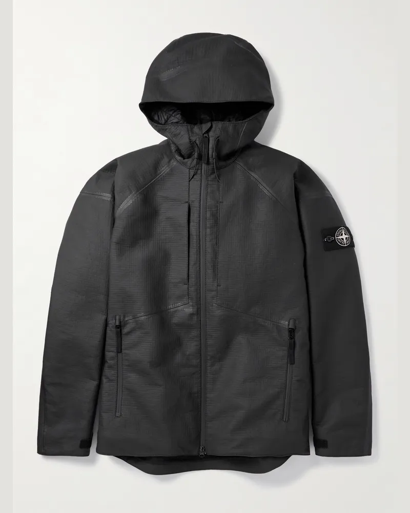Stone Island Wattierte Kapuzenjacke aus mit Ripstop gebondetem Leder mit Logodetail Schwarz