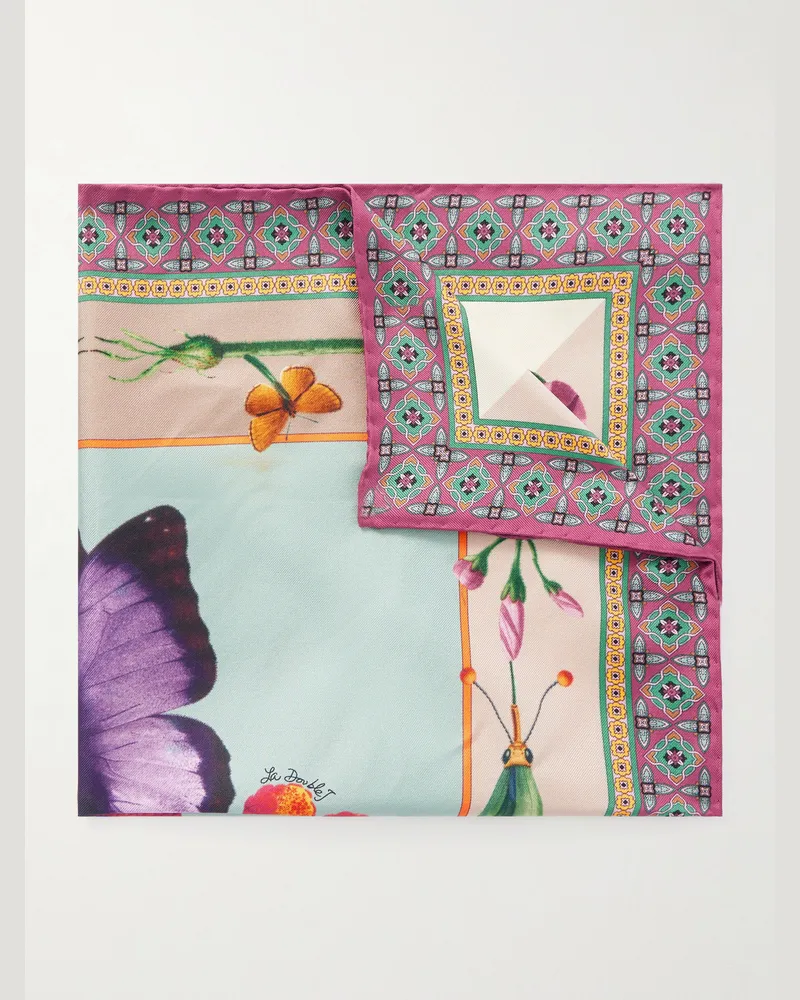 La DoubleJ Printed Silk Pocket Square Blue