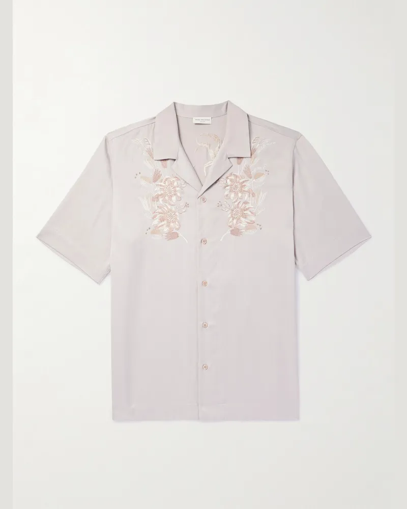 Dries van Noten Camp-Collar Embroidered Satin Shirt Gray