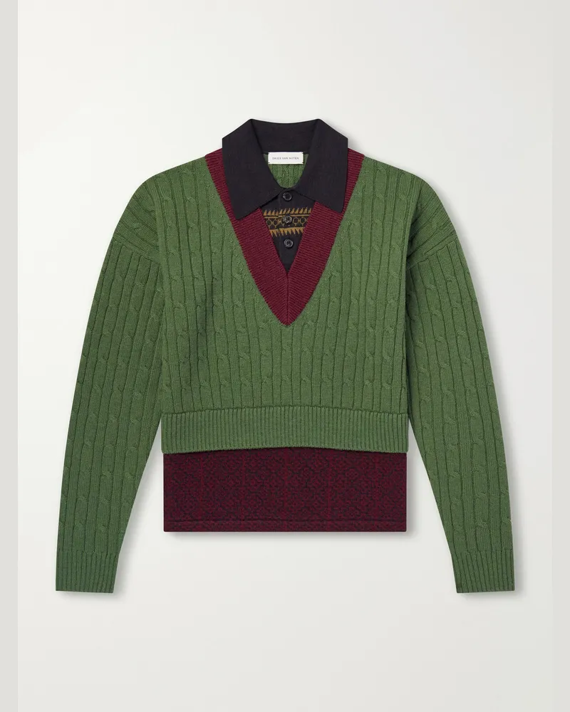 Dries van Noten Jacquard-Trimmed Cable-Knit Wool and Cotton-Blend Sweater Green