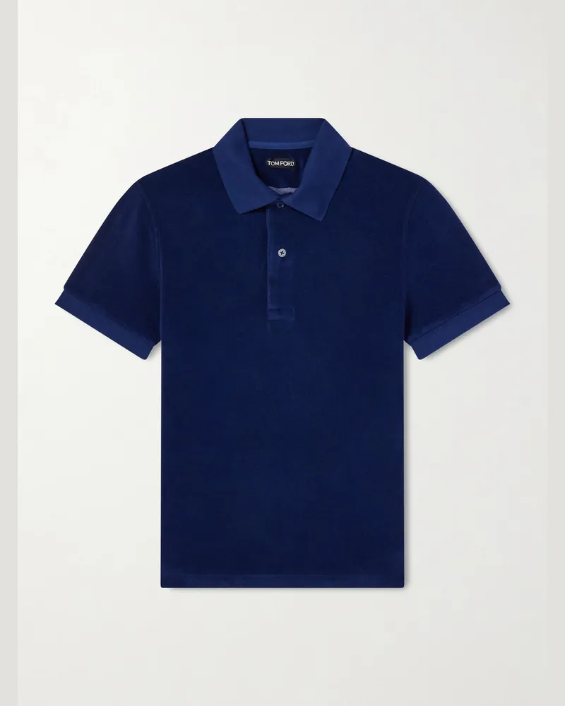 Tom Ford Schmal geschnittenes Polohemd aus Frottee aus einer Baumwollmischung Blau