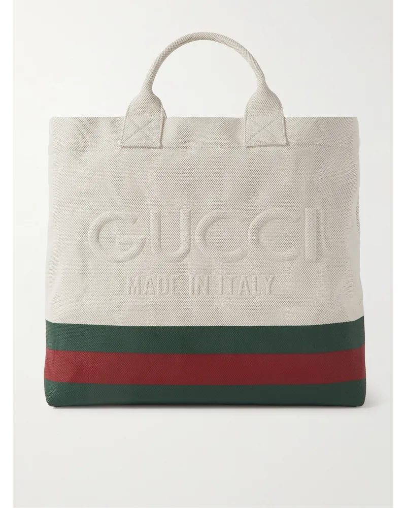 Gucci Tote aus Canvas mit Logoprägung und Streifen Weiß