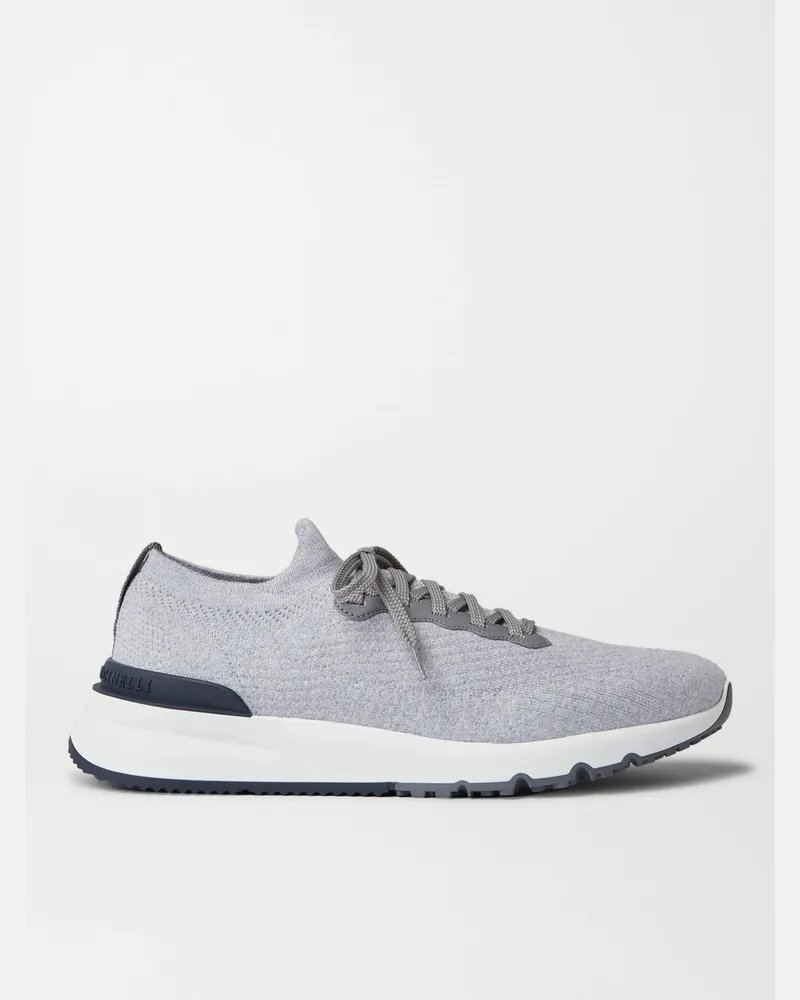 Brunello Cucinelli Leather-Trimmed Stretch-Knit Sneakers Gray