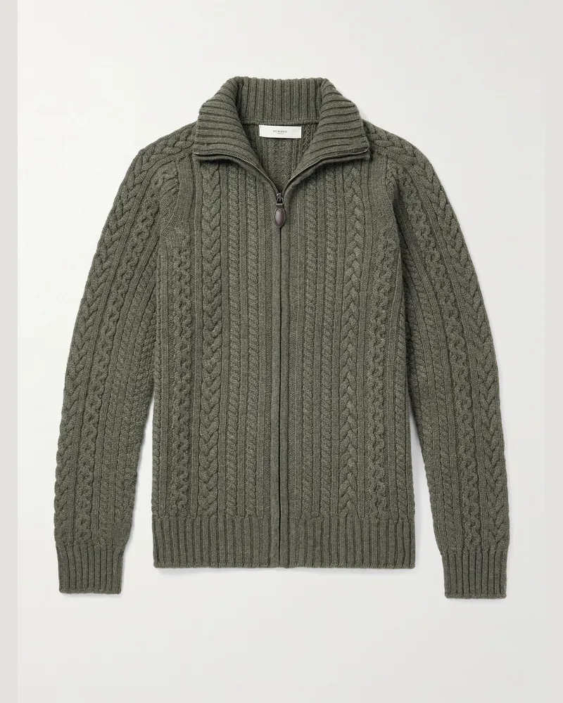 PURDEY Burlington Cable-Knit Wool and Cashmere Zip-Up Cardigan Green