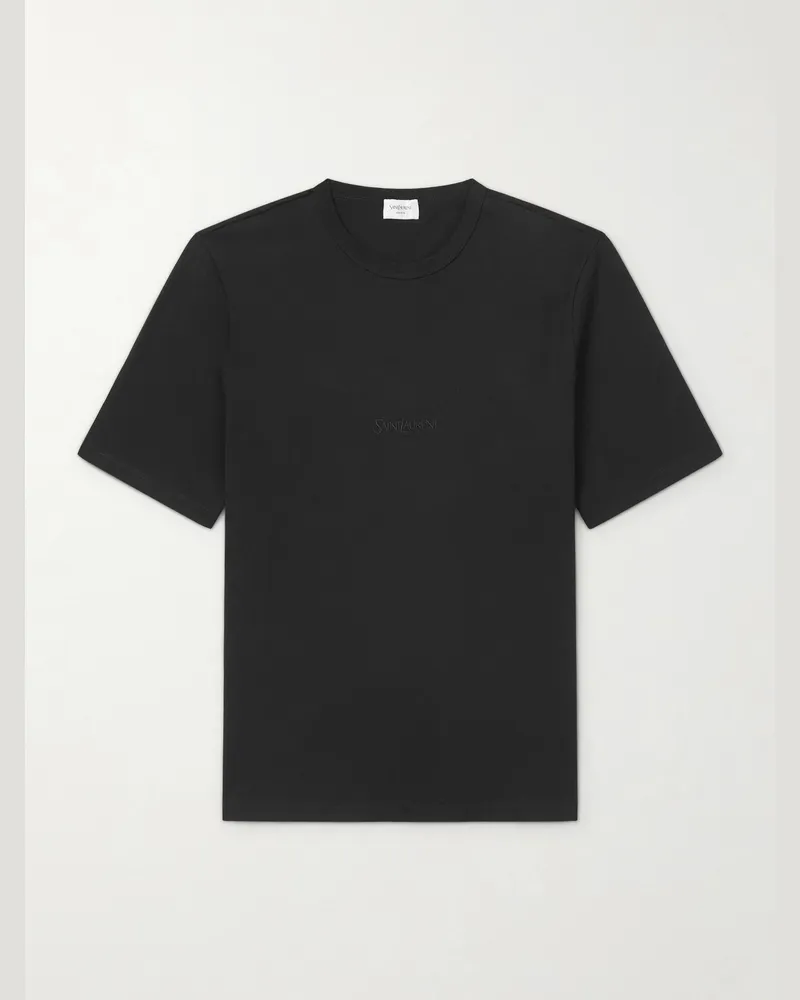 Saint Laurent Logo-Embroidered Cotton-Jersey T-Shirt Black