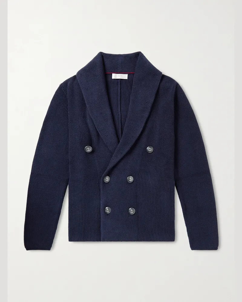 Brunello Cucinelli Doppelreihiger Cardigan aus Baumwolle in Rippstrick mit Schalkragen Blau