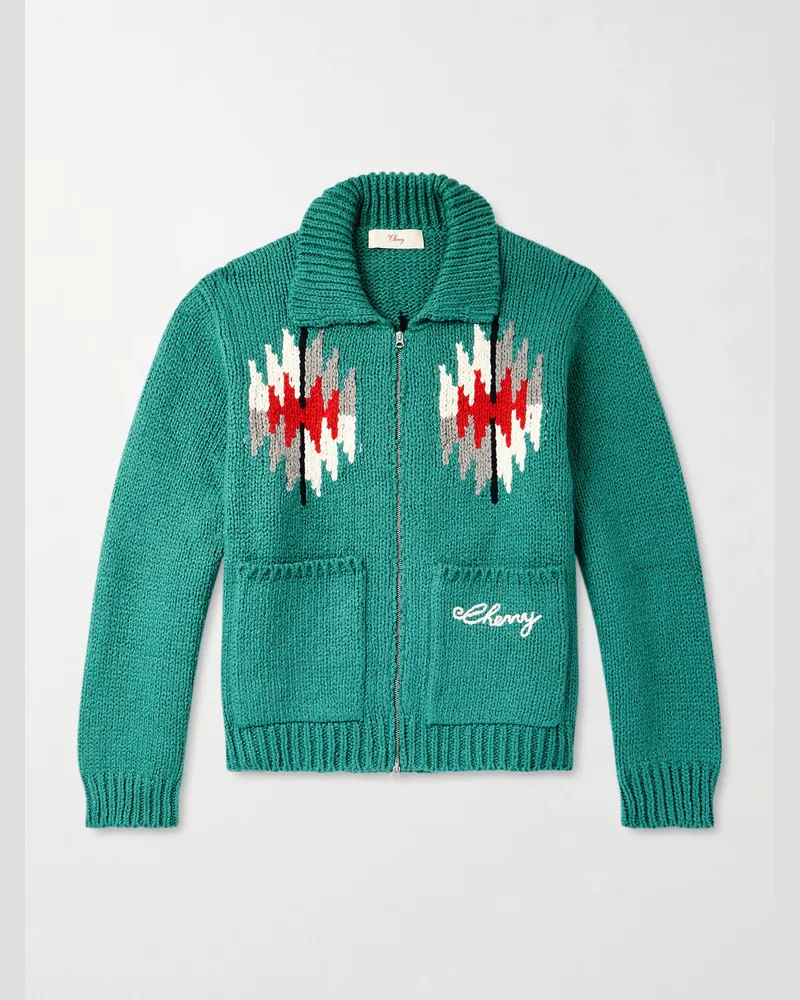 Cherry Los Angeles Embroidered Cotton Zip-Up Sweater Blue