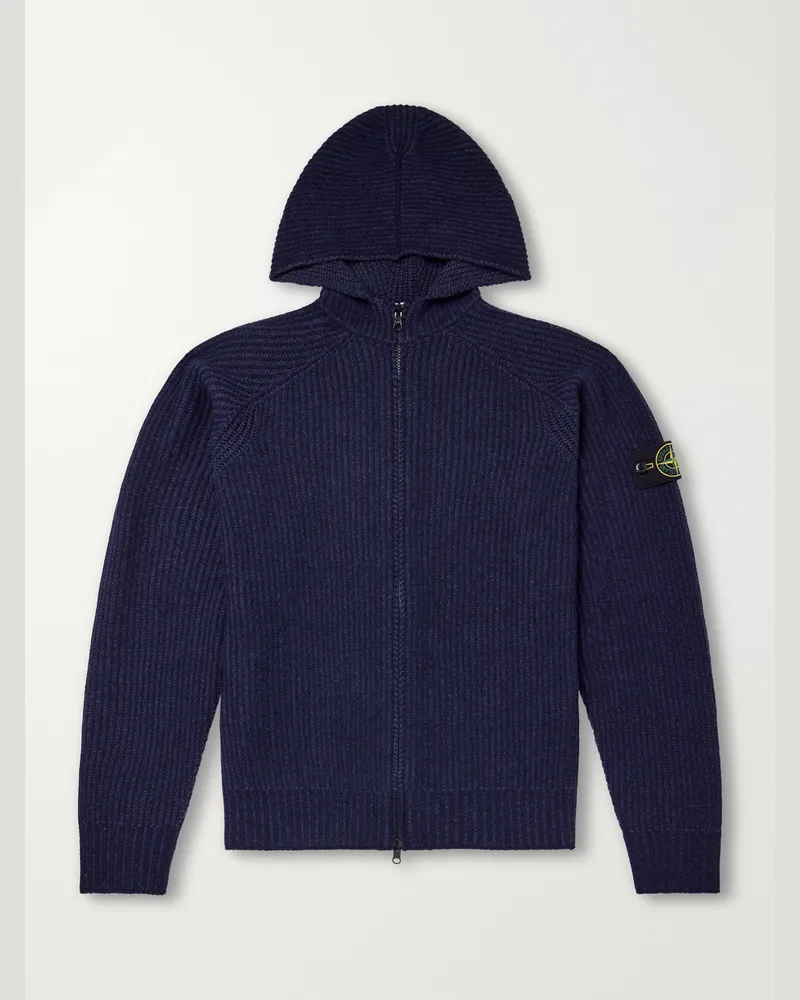 Stone Island Ribbed Cashmere and Wool-Blend Zip-Up Hoodie Blue