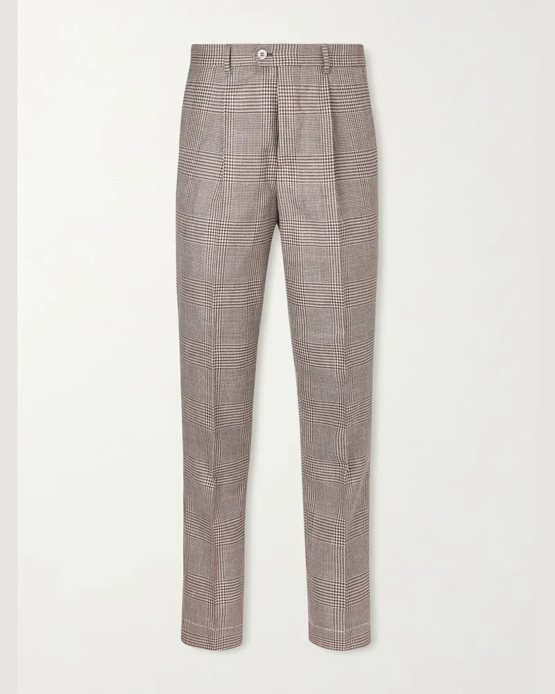 Brunello Cucinelli Straight-Leg Pleated Prince of Wales Checked Wool, Silk and Linen-Blend Trousers Brown