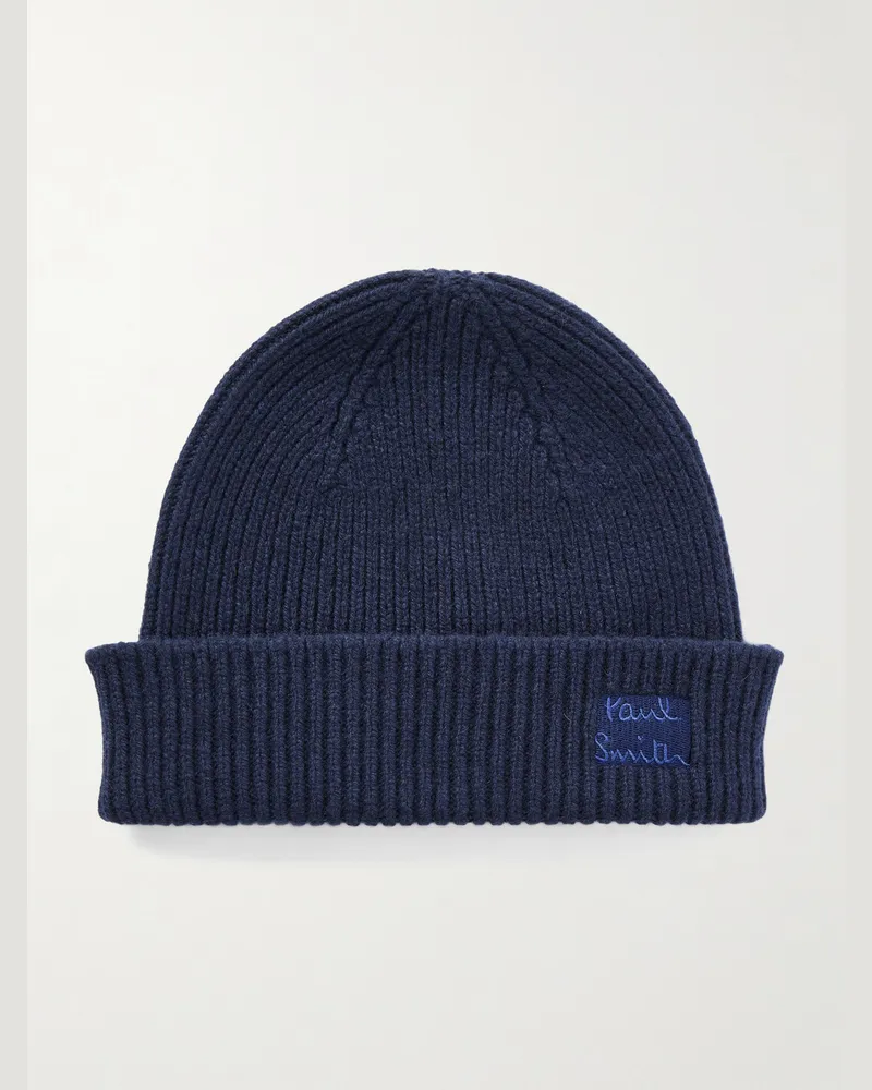 Paul Smith Beanie aus einer Mischung aus recyceltem Kaschmir und Merinowolle in Rippstrick Blau