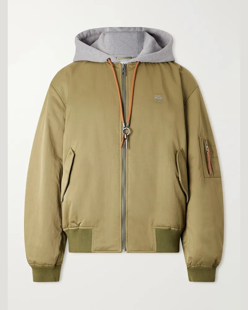 Loewe Anagram-Embroidered Leather and Jersey-Trimmed Satin Bomber Jacket Green