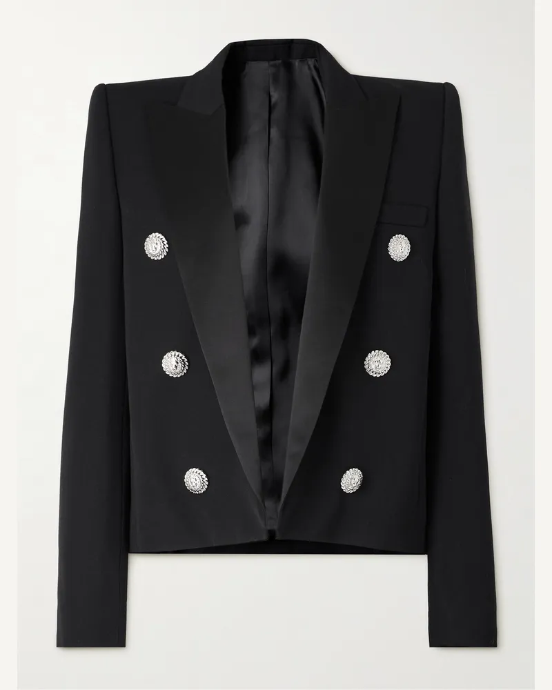 Balmain Spencer schmal geschnittenes Sakko aus Grain de Poudre aus Wolle mit Satinbesatz Schwarz