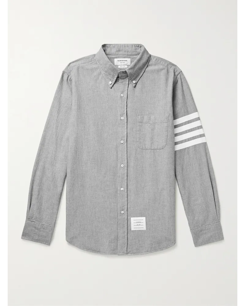 Thom Browne Button-Down Collar Striped Cotton-Chambray Shirt Grau