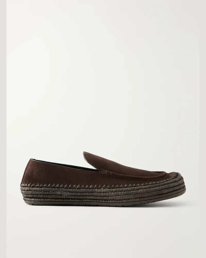 Loewe Paula's Ibiza Rio Raffia-Trimmed Suede Loafers Brown