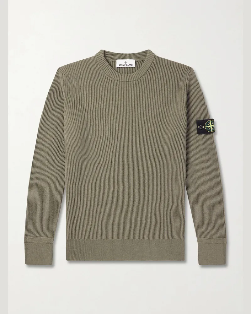Stone Island Logo-Appliquéd Ribbed Cotton-Blend Sweater Green